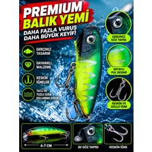 Premium 6-7 cm At-Çek Maket Balık – Gerçekçi 3D Gözlü, Yeşil Fosforlu, Keskin Üçlü Iğneli