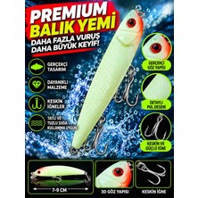 Premium 7-9 cm At-Çek Maket Balık – Fosforlu Beyaz, Kırmızı Başlı, 3D Gözlü, Keskin Üçlü Iğneli