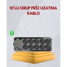 Hace Bazaar 10 Prizli Uzatma Kablosu Termal Koruma USB Type-C Hızlı Şarj 2500W
