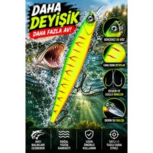 Premium Profesyonel Derin Dalışlı At-Çek Yemi – Fosforlu Yeşil Sarı Renkli, Kırmızı Çizgili, Gerçekçi 3D Gözlü, Keskin Üçlü Iğneli