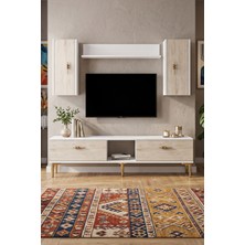 Yumedi Design TVR1517BTG - Ayshe Tv Ünitesi Takımı 150CM Beyaz-Traverten-Gold