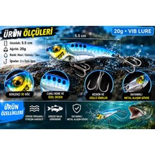 Premium 20 gr 5,5 cm Profesyonel Titreşimli Vıb At-Çek Yemi – Mavi Gümüş Renkli, Metal Gövdeli, Gerçekçi 3D Gözlü, Keskin Üçlü Iğneli