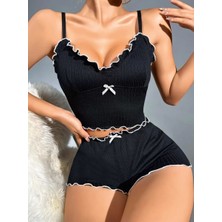 Lume Kadın Siyah Fitilli Askılı Şortlu Pijama Takım
