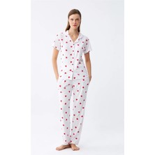 Lume Kadın Beyaz Kırmızı Kalpli Önden Düğmeli Pijama Takımı