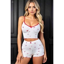 Lume Kadın Vişne Motifli Dantel Askılı Şortlu Rahat Pijama Takımı