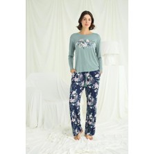 Lume Kadın Yeşil Çiçek ve Yaprak Desenli Baskılı Pijama Takımı