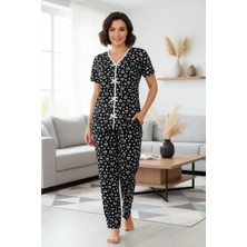 Lume Kadın Siyah Beyaz Kalp Desenli Kısa Kollu Şık Pijama Takımı