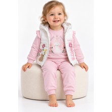 BABYHİ BABY %100 Pamuklu Kız Bebek Tavşan Baskılı 3 Parça Takım – Çiçek Nakışlı Kapüşonlu Kapitone Yelek, Sweatshirt ve Pantolon