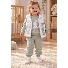 BABYHİ BABY %100 Pamuklu Kız Bebek Tavşan Baskılı 3 Parça Takım – Çiçek Nakışlı Kapüşonlu Kapitone Yelek, Sweatshirt ve Pantolon