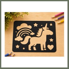 Bezos 3D Baskı Unicorn ve Gökkuşağı Çizim Şablonu - Desen Kalıbı - Siyah Bezos1