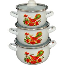 Tr Emaye Yemek Yoğurt Tencere Takımı Güveç Model Dekorlu 3 Lü Çeyizlik Nostalji Vintage