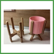 Soi Home 3D Baskı Ayaklı Çizgili Saksı - Bej Standlı Dekoratif Saksı - Pembe Soı