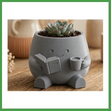 Soi Home 3D Baskı Kitap Okuyan Saksı - Kupa Tutan Sevimli Saksı-Gri Soı