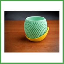 Soi Home 3D Baskı Küre Saksı - Kafes Dokulu Iki Parçalı Dekoratif Saksı - Mint-Sarı Soı