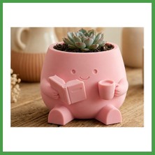 Soi Home 3D Baskı Kitap Okuyan Saksı - Kupa Tutan Sevimli Saksı-Pembe Soı