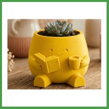 Soi Home 3D Baskı Kitap Okuyan Saksı - Kupa Tutan Sevimli Saksı-Sarı Soı
