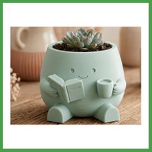 Soi Home 3D Baskı Kitap Okuyan Saksı - Kupa Tutan Sevimli Saksı-Mint Soı