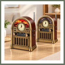 Bezos Saatli Retro Şömine Radyo Hoparlör - Bluetooth USB Type-C Bezos1