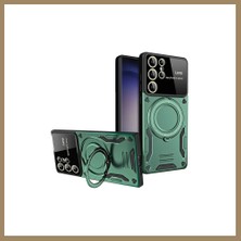 Bezos Samsung Galaxy S25 Ultra Uyumlu Kılıf Joy Lens Standlı Kapak - Koyu Yeşil 22