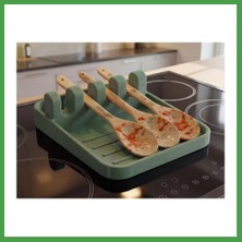 Soi Home 3D Baskı Kaşıklık ve Tencere Kapağı Tutucu Damlalık Tepsisi Ocak Başı Mutfak Standı Kepçelik Yeşil Soı