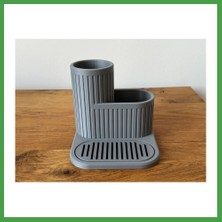 Soi Home 3D Baskı Çizgili Lavabo Düzenleyici Süzdürmeli Tepsili Bulaşık Fırçası ve Sünger Tutucu Kompakt Lavabo - Gri Soı