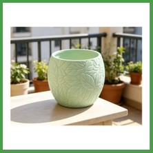 Soi Home 3D Baskı Yapraklı Desenli Yuvarlak Saksı Tepsili Süzdürmeli Bitki Saksısı 15 cm Dekoratif Çiçek - Yeşil Soı