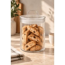 Atbyhome Kulplu Borosilikat Cam Kapaklı Çizgili Cam Kavanoz 700 ml - Vakumlu Erzak ve Bakliyat Saklama Kabı