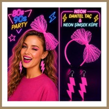 Bezos Neon Pembe Dantel Taç ve Şimşek Küpe 80' 90'lar Parti Seti 22