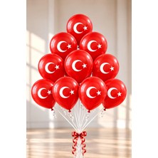 Patladı Gitti 12 Inç 30 cm Türk Bayrağı Baskılı Ay Yıldız Kırmızı Balon Milli Bayram Süsü 10 Adet