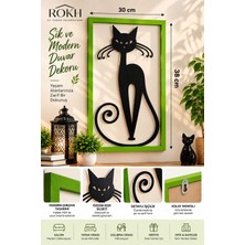 Rokh 🐈 Dekoratif Kedi Figürlü Duvar Panosu 30X38 cm | Çim Yeşili Çerçeveli Siyah Kedi Silüeti | Mdf Modern Duvar Dekoru
