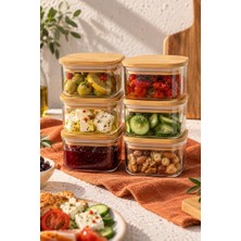MİEN Duo 400 Ml Bambu Kapaklı Kare Borosilikat Cam Kase 6 Adet