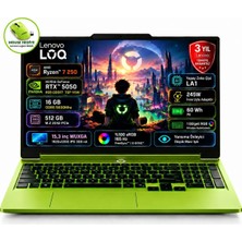 Lenovo LOQ 15AHP11 AMD Ryzen 7 250 16GB 512GB SSD RTX5050 8GB (115W) 15.3" WUXGA (1920X1200) IPS 165Hz Freedos Taşınabilir Bilgisayar 83TN00A3TR
