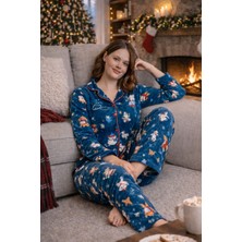 Kışlık Yılbaşı Desenli Kadın Gömlek Polar Pijama Takımı- Geyikli Yılbaşı Pijaması- Bü