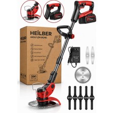 Heilber BA0115362 21V Akülü Çim Biçme ve Kenar Kesme Makinesi – 3'ü 1 Arada Yabani Ot Temizleme, Teleskopik Ayarlanabilir Gövde, Metal Testere Diski, Çelik ve Plastik Bıçaklı Bahçe Tırpanı Seti