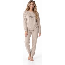 Cotonhause Kadın Uzun Kol Kadife Kumaş Bej Pijama Takımı C3T9N96