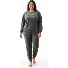 Cotonhause Kadın Büyük Beden Uzun Kol Kadife Kumaş Gri Pijama Takımı C3T1N07