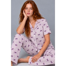 Fit Women Kadın Çizgili Fiyonk Desenli Mor Kısa Kollu Pijama Takımı 4811