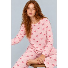 Fit Women Kadın Çizgili Rahat Kalıp Ikili Açık Pembe Pijama Takımı 4805