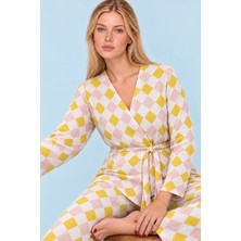 Fit Women Kadın Desenli Ev Stili Kuşaklı Sarı Pijama Takımı 4807