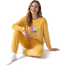 Cotonhause Kadın Uzun Kol Kadife Sponge Bob Sarı Pijama Takımı C1T0N19