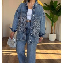 Moda Rüyası Kadın Mavi Denim Taşlı Leopar Desenli Oversize Gömlek Ceket