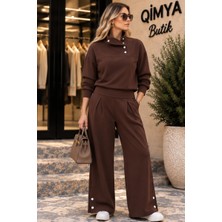 Qimya Butik Şans Life Kadın Yakası ve Paçası Çıt Çıt Detaylı Pileli Pantolonlu Alt Üst Ikili Takım