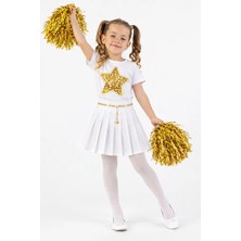 Nats Kids Kız Çocuk Cheerleader Kostüm Seti Yıldız Baskılı Tişört Piliseli Etek Sarı Ponponlu Gösteri Kostümü