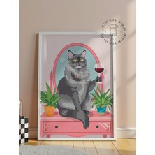 Des Vu Print Şarap Içen Kedi Posteri, Kedi Temalı Çerçevesiz Poster