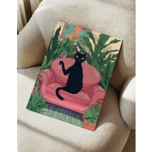 Des Vu Print Şarap Içen Siyah Kedi Posteri, Çerçevesiz Kedi Temalı Poster