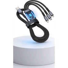 3'ü 1 Arada LED Ekranlı Hızlı Şarj Kablosu – Type-C, iPhone ve Micro USB Uyumlu Örgülü Dayanıklı Şarj Kablosu