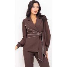 Dorne Moda Kadın Krep Taş Işlemeli Şifon Kollu Ceket Pantolon Ikili Takım
