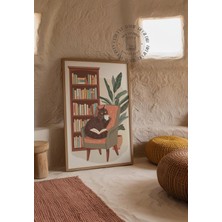 Des Vu Print Kitap Okuyan Kahve Içen Kedi Posteri, Çerçevesiz Kedi Temalı Poster