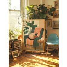 Des Vu Print Koltukta Yatan Kitap Okuyan Kedi Posteri, Çerçevesiz Kedi Temalı Poster