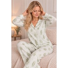 Lima Beyaz Kadın Rahat Esnek Bol Çağla Yeşili Yaprak Desenli Düğmeli Uzun Kollu Pijama Takımı